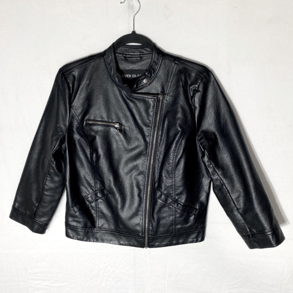 River Island Black Moto Style Faux Leather Jacket L Biker Chic Rocker Retro